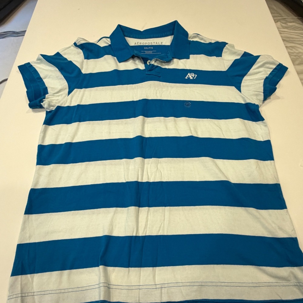 Aeropostale Mens XXL Blue White Striped Rugby Polo Shirt Coastal Preppy